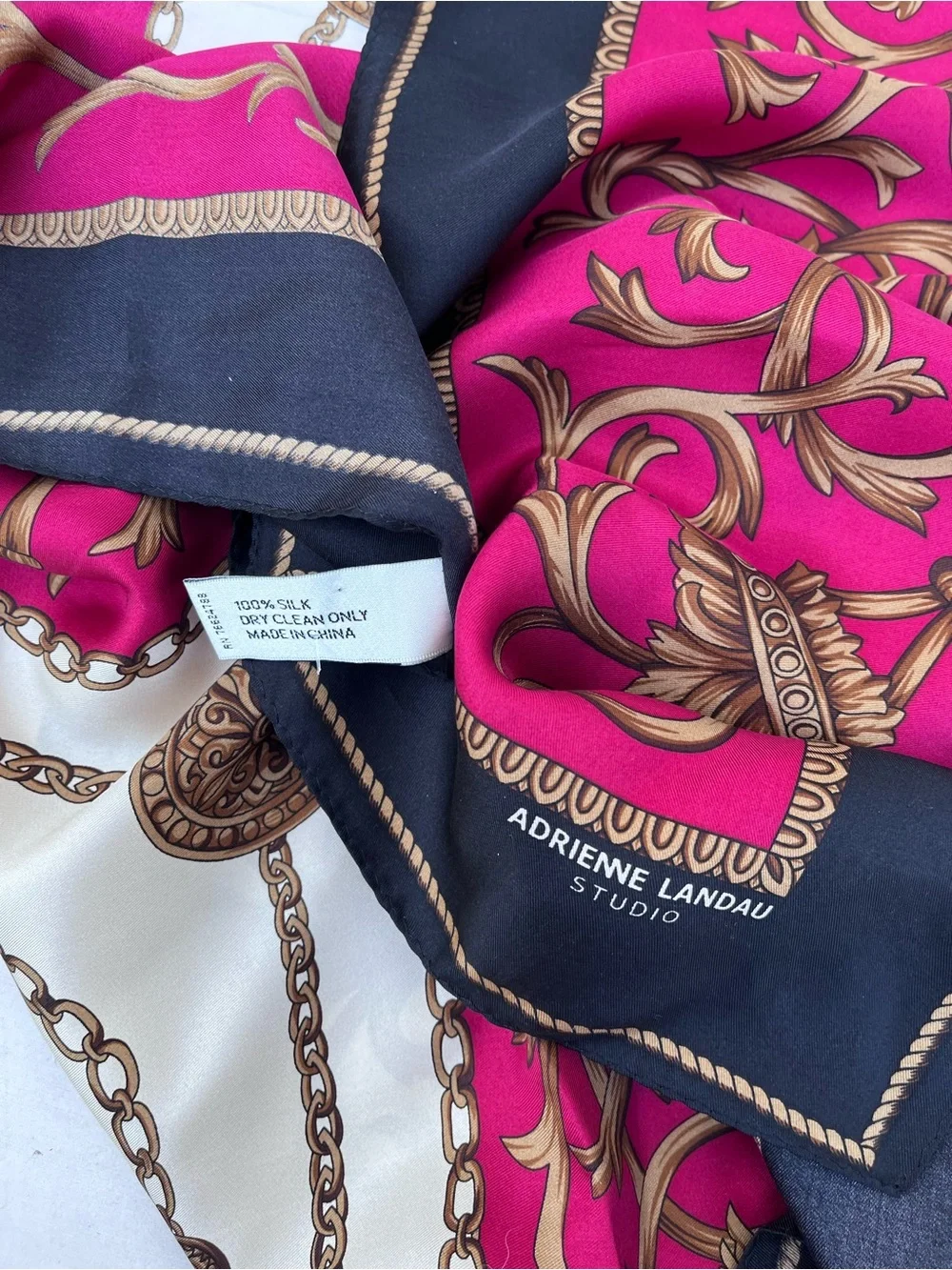 Adrienne Landau Cream and Burgundy Ornate Silk Scarf